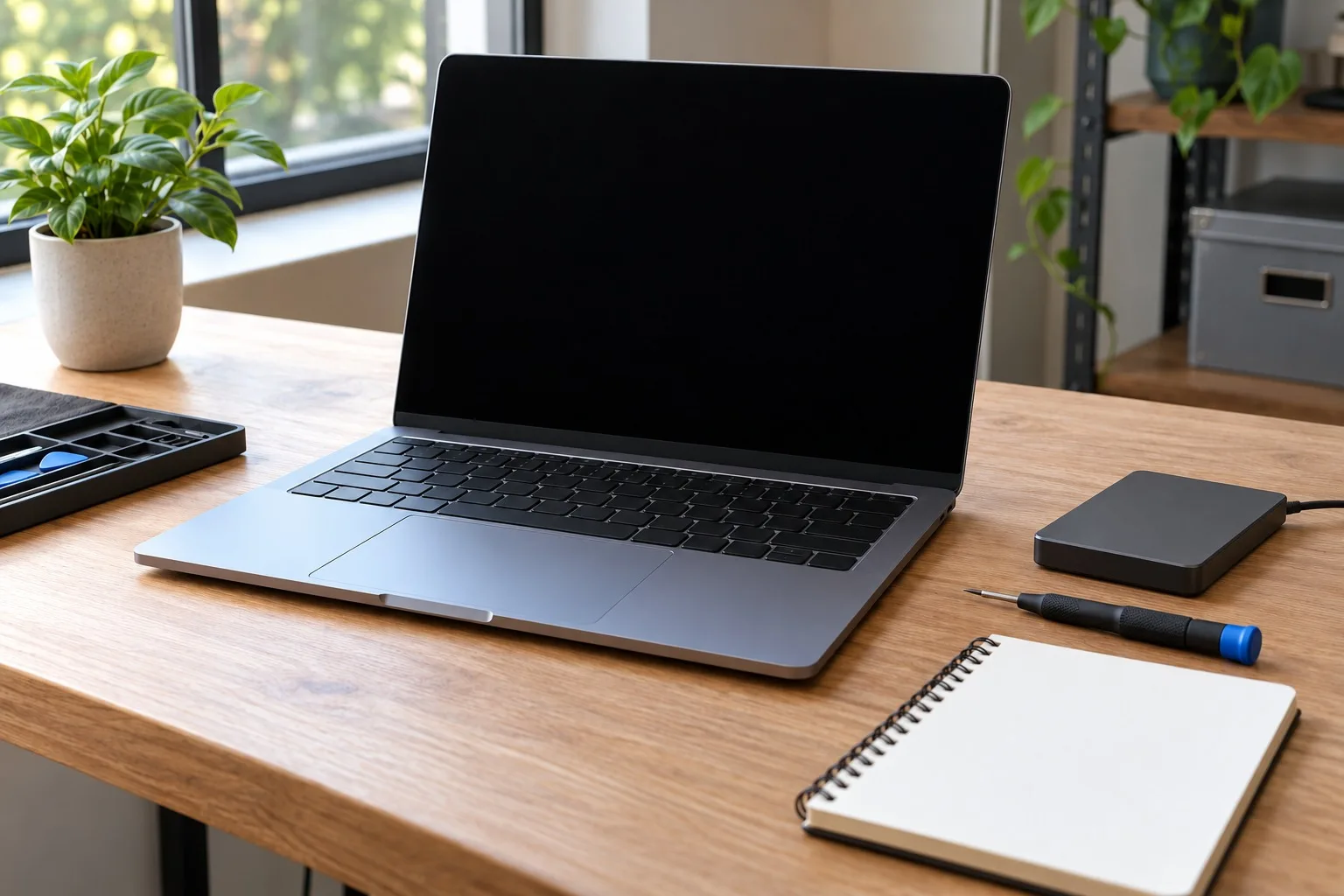 Notebook und externes Laufwerk auf einem vorbereiteten Reparaturtisch